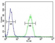 Neurophysin 1 antibody flow cytometric analysis of MDA-MB-231 cells (green) compared to a negative control (blue). FITC-conjugated goat-anti-rabbit secondary Ab was used for the analysis.