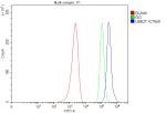 Flow Cytometry analysis of MCF-7 cells using anti-UBE2T antibody. Overlay histogram showing MCF-7 cells stained with (Blue line). To facilitate intracellular staining, cells were fixed with 4% paraformaldehyde and permeabilized with permeabilization buffer. The cells were blocked with 10% normal goat serum. And then incubated with rabbit anti-UBE2T antibody (1 ug/million cells) for 30 min at 20oC. DyLight 488 conjugated goat anti-rabbit IgG (5-10 ug/million cells) was used as secondary antibody for 30 minutes at 20oC. Isotype control antibody (Green line) was rabbit IgG (1 ug/million cells) used under the same conditions. Unlabelled sample without incubation with primary antibody and secondary antibody (Red line) was used as a blank control.