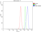 Flow Cytometry analysis of THP-1 cells using anti-TGM5 antibody. Overlay histogram showing THP-1 cells stained with (Blue line). To facilitate intracellular staining, cells were fixed with 4% paraformaldehyde and permeabilized with permeabilization buffer. The cells were blocked with 10% normal goat serum. And then incubated with rabbit anti-TGM5 antibody (1 ug/million cells) for 30 min at 20oC. DyLight 488 conjugated goat anti-rabbit IgG (5-10 ug/million cells) was used as secondary antibody for 30 minutes at 20oC. Isotype control antibody (Green line) was rabbit IgG (1 ug/million cells) used under the same conditions. Unlabelled sample without incubation with primary antibody and secondary antibody (Red line) was used as a blank control.