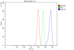 Flow Cytometry analysis of MCF-7 cells using anti-RHOT2 antibody. Overlay histogram showing MCF-7 cells stained with (Blue line). To facilitate intracellular staining, cells were fixed with 4% paraformaldehyde and permeabilized with permeabilization buffer. The cells were blocked with 10% normal goat serum. And then incubated with rabbit anti-RHOT2 antibody (1 ug/million cells) for 30 min at 20oC. DyLight 488 conjugated goat anti-rabbit IgG (5-10 ug/million cells) was used as secondary antibody for 30 minutes at 20oC. Isotype control antibody (Green line) was rabbit IgG (1 ug/million cells) used under the same conditions. Unlabelled sample without incubation with primary antibody and secondary antibody (Red line) was used as a blank control.