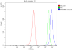 Flow Cytometry analysis of MCF-7 cells using anti-PRDM6 antibody. Overlay histogram showing MCF-7 cells stained with (Blue line). To facilitate intracellular staining, cells were fixed with 4% paraformaldehyde and permeabilized with permeabilization buffer. The cells were blocked with 10% normal goat serum. And then incubated with rabbit anti-PRDM6 antibody (1 ug/million cells) for 30 min at 20oC. DyLight 488 conjugated goat anti-rabbit IgG (5-10 ug/million cells) was used as secondary antibody for 30 minutes at 20oC. Isotype control antibody (Green line) was rabbit IgG (1 ug/million cells) used under the same conditions. Unlabelled sample without incubation with primary antibody and secondary antibody (Red line) was used as a blank control.