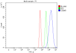 Flow Cytometry analysis of C2C12 cells using anti-Osmr antibody. Overlay histogram showing C2C12 cells stained with (Blue line). The cells were fixed with 4% paraformaldehyde and blocked with 10% normal goat serum. And then incubated with rabbit anti-Osmr antibody (1 ug/million cells) for 30 min at 20oC. DyLight 488 conjugated goat anti-rabbit IgG (5-10 ug/million cells) was used as secondary antibody for 30 minutes at 20oC. Isotype control antibody (Green line) was rabbit IgG (1 ug/million cells) used under the same conditions. Unlabelled sample (Red line) was also used as a control.