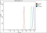 Flow Cytometry analysis of THP-1 cells using anti-CYP1B1 antibody. Overlay histogram showing THP-1 cells stained with (Blue line). To facilitate intracellular staining, cells were fixed with 4% paraformaldehyde and permeabilized with permeabilization buffer. The cells were blocked with 10% normal goat serum. And then incubated with rabbit anti-CYP1B1 antibody (1 ug/million cells) for 30 min at 20oC. DyLight 488 conjugated goat anti-rabbit IgG (5-10 ug/million cells) was used as secondary antibody for 30 minutes at 20oC. Isotype control antibody (Green line) was rabbit IgG (1 ug/million cells) used under the same conditions. Unlabelled sample (Red line) was also used as a control.