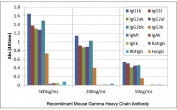 ELISA of mouse immunoglobulins shows the recombinant Mouse IgG antibody reacts to mouse IgG1, IgG2a, IgG2b, and IgG3; no cross reactivity with IgM, IgA, IgE, human IgG, rat IgG, and rabbit IgG. The plate was coated with 50 ng/well of different immunoglobulins. 500 ng/mL, 200 ng/mL, or 50 ng/mL of RMG07 was used as the primary and an alkaline phosphatase conjugated anti-goat IgG as the secondary.