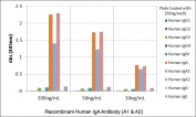 ELISA of human immunoglobulins shows the recombinant Human IgA antibody reacts to both Human IgA1 & IgA2. No cross reactivity with Human IgG, IgM, IgD, or IgE.