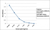 Sandwich ELISA of human IgA2 using recombinant Human IgA2 antibody as the capture (100ng/well), and biotinylated anti-human light chains (Îº+Î») antibody clone RM129 as the detect, followed by an alkaline phosphatase conjugated streptavidin.