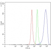 Flow cytometry testing of fixed mouse RAW264.7 cells with Cd68 antibody at 1ug/million cells (blocked with goat sera); Red=cells alone, Green=isotype control, Blue= Cd68 antibody.