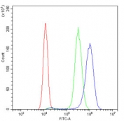 Flow cytometry testing of human SiHa cells with VISA antibody at 1ug/million cells (blocked with goat sera); Red=cells alone, Green=isotype control, Blue= VISA antibody.