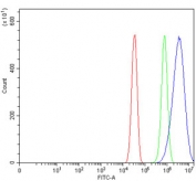 Flow cytometry testing of mouse Neuro-2a cells with Bid antibody at 1ug/million cells (blocked with goat sera); Red=cells alone, Green=isotype control, Blue= Bid antibody.