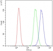 Flow cytometry testing of human PC-3 cells with DARPP-32 antibody at 1ug/million cells (blocked with goat sera); Red=cells alone, Green=isotype control, Blue= DARPP-32 antibody.