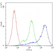 Flow cytometry testing of fixed and permeabilized human Jurkat cells with Adenosine deaminase antibody at 1ug/million cells (blocked with goat sera); Red=cells alone, Green=isotype control, Blue= Adenosine deaminase antibody.