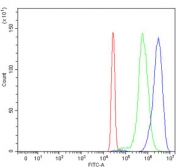 Flow cytometry testing of human HepG2 cells with ASXL1 antibody at 1ug/10^6 cells (blocked with goat sera); Red=cells alone, Green=isotype control, Blue= ASXL1 antibody.