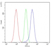 Flow cytometry testing of human A549 cells with DR6 antibody at 1ug/million cells (blocked with goat sera); Red=cells alone, Green=isotype control, Blue= DR6 antibody.