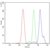 Flow cytometry testing of human ThP-1 cells with NALP3 antibody at 1ug/million cells (blocked with goat sera); Red=cells alone, Green=isotype control, Blue= NALP3 antibody.
