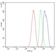 Flow cytometry testing of human HepG2 cells with SOX18 antibody at 1ug/million cells (blocked with goat sera); Red=cells alone, Green=isotype control, Blue= SOX18 antibody.