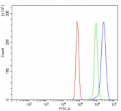Flow cytometry testing of rat RH35 cells with LSM8 antibody at 1ug/million cells (blocked with goat sera); Red=cells alone, Green=isotype control, Blue= LSM8 antibody.