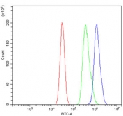 Flow cytometry testing of mouse HEPA1-6 cells with Tlr6 antibody at 1ug/million cells (blocked with goat sera); Red=cells alone, Green=isotype control, Blue= Tlr6 antibody.