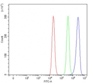 Flow cytometry testing of human ThP-1 cells with IMPDH1 antibody at 1ug/million cells (blocked with goat sera); Red=cells alone, Green=isotype control, Blue= IMPDH1 antibody.