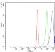 Flow cytometry testing of human K562 cells with Caspase-8 antibody at 1ug/million cells (blocked with goat sera); Red=cells alone, Green=isotype control, Blue= Caspase-8 antibody.