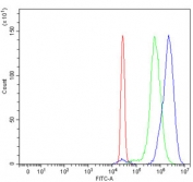 Flow cytometry testing of human HepG2 cells with JHDM3A antibody at 1ug/million cells (blocked with goat sera); Red=cells alone, Green=isotype control, Blue= JHDM3A antibody.