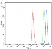 Flow cytometry testing of human ThP-1 cells with LIMA1 antibody at 1ug/million cells (blocked with goat sera); Red=cells alone, Green=isotype control, Blue= LIMA1 antibody.