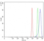 Flow cytometry testing of human PC-3 cells with ANXA10 antibody at 1ug/million cells (blocked with goat sera); Red=cells alone, Green=isotype control, Blue= ANXA10 antibody.