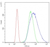 Flow cytometry testing of human U-2 OS cells with EHD4 antibody at 1ug/million cells (blocked with goat sera); Red=cells alone, Green=isotype control, Blue= EHD4 antibody.