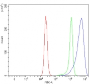 Flow cytometry testing of fixed and permeabilized human RT4 cells with NUDCD3 antibody at 1ug/million cells (blocked with goat sera); Red=cells alone, Green=isotype control, Blue= NUDCD3 antibody.