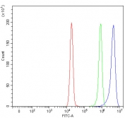 Flow cytometry testing of fixed and permeabilized human HeLa cells with NAP1L5 antibody at 1ug/million cells (blocked with goat sera); Red=cells alone, Green=isotype control, Blue= NAP1L5 antibody.