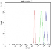 Flow cytometry testing of fixed and permeabilized human HepG2 cells with Mitofilin antibody at 1ug/million cells (blocked with goat sera); Red=cells alone, Green=isotype control, Blue= Mitofilin antibody.