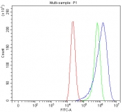 Flow cytometry testing of fixed and permeabilized human Caco-2 cells with MOSPD2 antibody at 1ug/million cells (blocked with goat sera); Red=cells alone, Green=isotype control, Blue= MOSPD2 antibody.