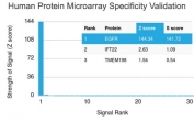 Analysis of HuProt(TM) microarray containing more than 19,000 full-length human proteins using EGFR antibody (clone GFR450). These results demonstrate the foremost specificity of the GFR450 mAb. Z- and S- score: The Z-score represents the strength of a signal that an antibody (in combination with a fluorescently-tagged anti-IgG secondary Ab) produces when binding to a particular protein on the HuProt(TM) array. Z-scores are described in units of standard deviations (SD's) above the mean value of all signals generated on that array. If the targets on the HuProt(TM) are arranged in descending order of the Z-score, the S-score is the difference (also in units of SD's) between the Z-scores. The S-score therefore represents the relative target specificity of an Ab to its intended target.