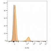 Flow cytometry testing of lymphocyte-gated human PBM cells with anti-CD19 antibody (clone CVID3/155); Gray=unstained cells, Orange= anti-CD19 antibody stained cells.