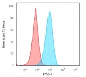 Flow cytometry staining of human Raji cells with HLA-DR antibody (clone 19-26.1 or MB-26.1); Red=isotype control, Blue= HLA-DR antibody.