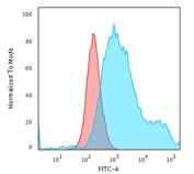 Flow cytometry staining of PFA-fixed human HeLa cells with Cytokeratin 18 antibody cocktail; Red=isotype control, Blue= Cytokeratin 18 antibody.