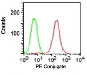 FACS surface testing of HT29 cells using PE conjugated anti-EpCAM antibody (red) and isotype control (green).