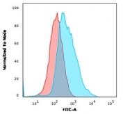 Flow cytometry staining of PFA-fixed human MCF7 cells with Plakoglobin antibody; Red=isotype control, Blue= Plakoglobin antibody.