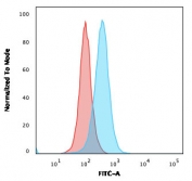 Flow cytometry staining of PFA-fixed human Ramos cells with AQP4 antibody (clone AQP4/3323); Red=isotype control, Blue= AQP4 antibody.