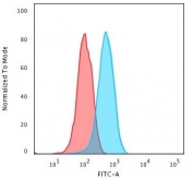 FACS testing of PFA-fixed human MCF-7 cells with FOXA1 antibody (clone FHBA1-1); Red=isotype control, Blue= FOXA1 antibody.