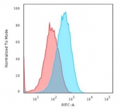 FACS testing of paraformaldehyde-fixed human HepG2 cells with Albumin antibody (blue, clone ALB/2356) and isotype control (red).