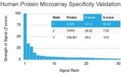 Analysis of HuProt(TM) microarray containing more than 19,000 full-length human proteins using CD20 antibody (clone MS4A1/3409). These results demonstrate the foremost specificity of the MS4A1/3409 mAb. Z- and S- score: The Z-score represents the strength of a signal that an antibody (in combination with a fluorescently-tagged anti-IgG secondary Ab) produces when binding to a particular protein on the HuProt(TM) array. Z-scores are described in units of standard deviations (SD's) above the mean value of all signals generated on that array. If the targets on the HuProt(TM) are arranged in descending order of the Z-score, the S-score is the difference (also in units of SD's) between the Z-scores. The S-score therefore represents the relative target specificity of an Ab to its intended target.