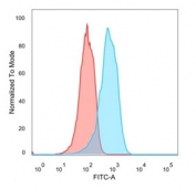 Flow cytometry testing of PFA-fixed human MCF7 cells with Estrogen Receptor beta 1 antibody (clone PPG5/10); Red=isotype control, Blue= Estrogen Receptor beta 1 antibody.