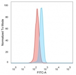 FACS staining of PFA-fixed human HeLa cells with UBR2 antibody (blue, clone PCRP-UBR2-1D12) and isotype control (red).