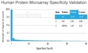 Analysis of HuProt(TM) microarray containing more than 19,000 full-length human proteins using ID1 antibody (clone PCRP-ID1-2F11). These results demonstrate the foremost specificity of the PCRP-ID1-2F11 mAb. Z- and S- score: The Z-score represents the strength of a signal that an antibody (in combination with a fluorescently-tagged anti-IgG secondary Ab) produces when binding to a particular protein on the HuProt(TM) array. Z-scores are described in units of standard deviations (SD's) above the mean value of all signals generated on that array. If the targets on the HuProt(TM) are arranged in descending order of the Z-score, the S-score is the difference (also in units of SD's) between the Z-scores. The S-score therefore represents the relative target specificity of an Ab to its intended target.