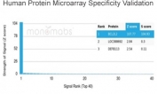 Analysis of HuProt(TM) microarray containing more than 19,000 full-length human proteins using Bcl-W antibody (clone PCRP-BCL2L2-1A4). These results demonstrate the foremost specificity of the PCRP-BCL2L2-1A4 mAb. Z- and S- score: The Z-score represents the strength of a signal that an antibody (in combination with a fluorescently-tagged anti-IgG secondary Ab) produces when binding to a particular protein on the HuProt(TM) array. Z-scores are described in units of standard deviations (SD's) above the mean value of all signals generated on that array. If the targets on the HuProt(TM) are arranged in descending order of the Z-score, the S-score is the difference (also in units of SD's) between the Z-scores. The S-score therefore represents the relative target specificity of an Ab to its intended target.