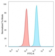 FACS staining of PFA-fixed human HeLa cells with STAT5A antibody (blue, clone PCRP-STAT5A-1A11) and isotype control (red).