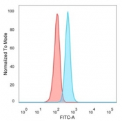 FACS staining of PFA-fixed human HeLa cells with GTF2H2C antibody (blue, clone PCRP-GTF2H2C-2C9), and unstained cells (red).
