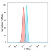 FACS staining of PFA-fixed human HeLa cells with SIRT1 antibody (blue, clone PCRP-SIRT1-1E11) and isotype control (red).