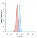 FACS staining of PFA-fixed human HeLa cells with HDAC3 antibody (blue, clone PCRP-HDAC3-3C9) and isotype control (red).