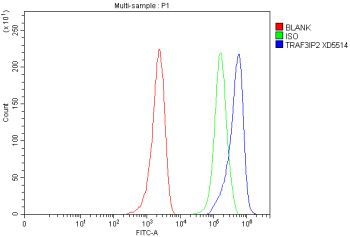 Flow Cytometry analysis of MCF-7 cells using anti-TRAF3IP2 antibody. Overlay histogram showing MCF-7 cells stained with (Blue line). To facilitate intracellular staining, cells were fixed with 4% paraformaldehyde and permeabilized with permeabilization buffer. The cells were blocked with 10% normal goat serum. And then incubated with rabbit anti-TRAF3IP2 antibody (1 ug/million cells) for 30 min at 20oC. DyLight 488 conjugated goat anti-rabbit IgG (5-10 ug/million cells) was used as secondary antibody for 30 minutes at 20oC. Isotype control antibody (Green line) was rabbit IgG (1 ug/million cells) used under the same conditions. Unlabelled sample without incubation with primary antibody and secondary antibody (Red line) was used as a blank control.